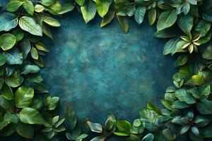 Lush Green Leaves on Teal Texture Background for Natural Design Projects photo