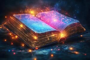 Magical Open Book With Glowing Lights for Mystical Storytelling and Fantasy Illustration photo