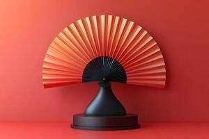 Modern Abstract Sculpture Featuring Red and Black Fan on Minimalist Platform photo