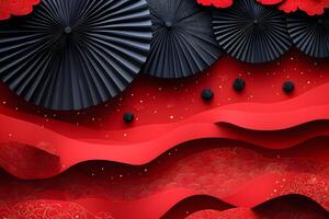 Elegant Asian-Inspired Red and Black Abstract Design with Paper Fans and Decorative Patterns photo