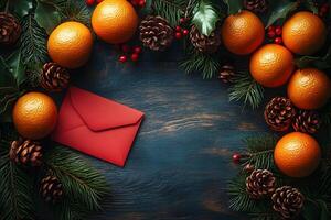 Festive Holiday Greeting Card Design with Oranges, Pinecones, and Red Envelope photo