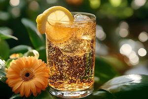 Refreshing Summer Beverage with Lemon Garnish on Greenery Background photo