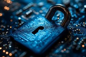 Cybersecurity Concept with Padlock on Circuit Board for Data Protection Design photo