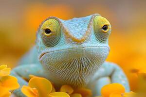 Colorful Chameleon on Bright Yellow Flowers for Nature Photography and Design photo