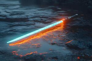 Futuristic Glowing Sword on Wet Surface - Concept Art for Fantasy or Sci-Fi Design photo