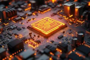 Futuristic Circuit Board with Glowing Microchip for Technology and Innovation Visualization photo