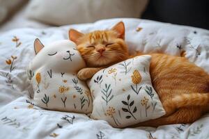 Adorable Orange Kitten Sleeping with Cute Cat-Shaped Pillow in Cozy Setting photo