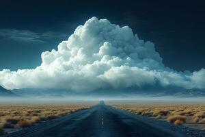 Dramatic Desert Highway with Majestic Cloudscape for Travel and Adventure Themes photo