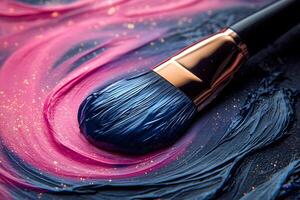 Artistic Expression Through Paintbrush on Vibrant Pink and Blue Canvas - Ideal for Creative Design Projects photo