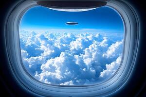 UFO Sighting from Airplane Window Alien Encounter Above Clouds for Sci-Fi Themes photo