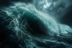 Massive Ocean Wave with Surfer Under Stormy Skies - Adventure and Thrill Concept photo