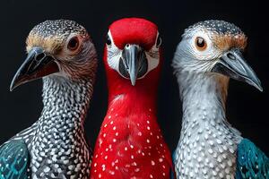 Vivid Trio of Exotic Birds in Striking Color Contrast for Nature Art photo