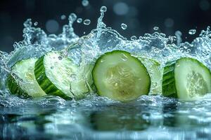 Refreshing Splash of Cucumber Slices in Water - Perfect for Healthy Living Concepts photo