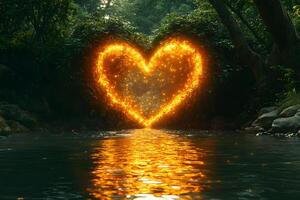 Glowing Heart Shape in Forest Setting with Reflective Water Surface for Romance Themes photo