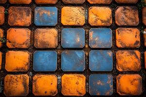 Rustic Tile Pattern with Weathered Orange and Grey Square Stones for Architectural Design photo