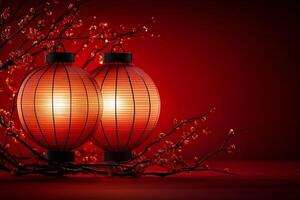 Traditional Lanterns Illuminated Amid Cherry Blossoms on Red Background photo