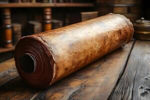 Antique Scroll on Rustic Table in Vintage Library Setting for Historical Theme photo