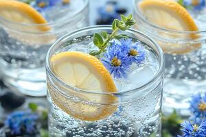 Refreshing Summer Drink with Lemon Slice and Blue Flowers in Sparkling Water Glass photo