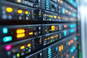 Modern Data Center Technology with Illuminated Server Racks for Digital Infrastructure photo