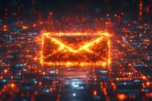 Digital Technology Email Icon on Futuristic Circuit Board Background for Marketing Design photo