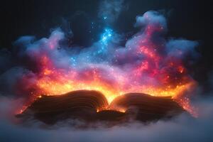 Magical Book of Light and Colorful Plumes for Fantasy and Imagination Concepts photo