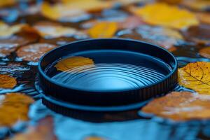 Autumn Reflections Lens Cap Surrounded by Vibrant Fall Leaves in Water photo