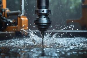 High-Precision CNC Machine Operation with Water Cooling in Industrial Setting photo