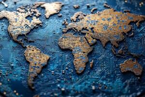Digital Technology Concept of a World Map with Electronic Circuit Patterns photo