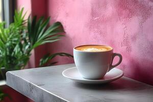 Warm Cup of Coffee on Marble Table with Latte Art in Cozy Cafe Setting photo