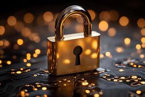 Cybersecurity Concept with Golden Padlock on Microchip Background for Technology Design photo