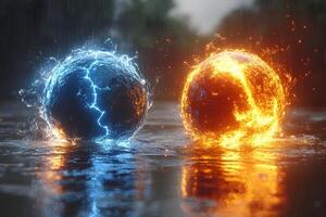 Dual Elemental Spheres Water and Fire in Dynamic Balance for Creative Design photo