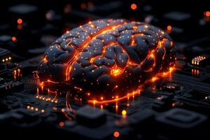 Artificial Intelligence Concept Glowing Digital Brain on Circuit Board for Technology Design photo