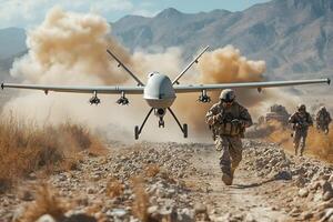 Military Operation with Drone and Soldiers in Desert Terrain photo