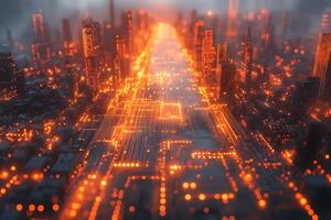 Futuristic Cityscape with Glowing Orange Light Patterns for Technology Design photo