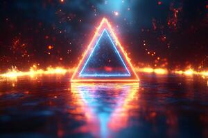 Neon Triangle with Fiery Glow on Reflective Surface for Futuristic Design photo