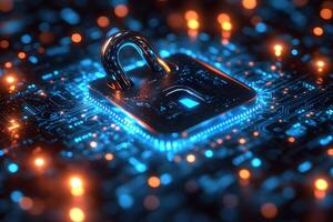 Cybersecurity Technology Concept Featuring Digital Lock and Circuit Board Design photo