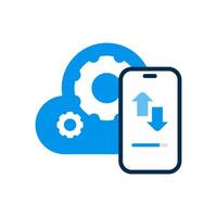 Flat illustration of a cloud with gear and smartphone screen. restore or app synchronization on a new device. for concepts cloud computing, data transfer, software updates, and mobile device setup vector