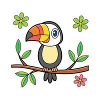 Cartoon Toucan Bird on Branch with Flowers, Colorful Illustration vector