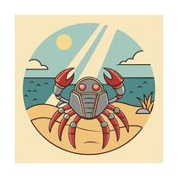 Robotic Crab Summer Beach Scene Retro Style Illustration vector