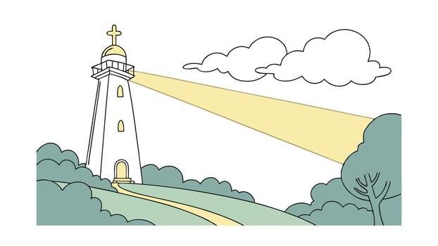 Lighthouse Beacon Shining Light Path Cross Hilltop Clouds Trees vector