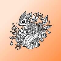 Detailed illustration of a whimsical fox surrounded by flowers and leaves on an orange background vector