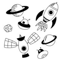 A set of space illustrations drawn in doodle style, design elements for any purpose. Hand drawn abstract spaceship, planets, stars and UFO. Line print or banner. vector