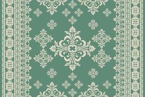 Seamless gold and yellow floral damask tracery shape with geometric ethnic tradition pattern texture for fabric and textile on pastel green background vector