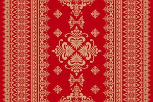 Seamless gold floral damask tracery shape with geometric ethnic tradition pattern texture for fabric and textile on red and grey background vector