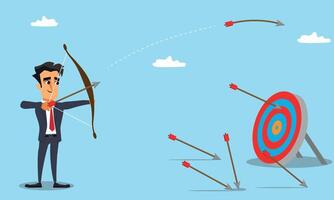 Businessman shooting arrows at an archery target but missing, Salesman missing order expectations or company missing growth target concept vector