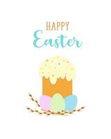 Happy Easter card , cake with willow branches and colored eggs, festive Easter design element, isolated on white background. vector