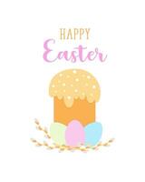 Card Happy Easter with pink lettering , cake with willow branches and colored eggs, festive Easter design. vector