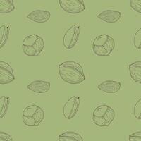 Healthy lifestyle. Healthy nutrition with nuts and seeds, seamless pattern with walnut, hazelnut, pistachio and almond. On green background. vector