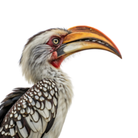 colorful hornbill bird with a striking orange and yellow beak displaying its distinct feather patterns and vibrant head against a clean backdrop png
