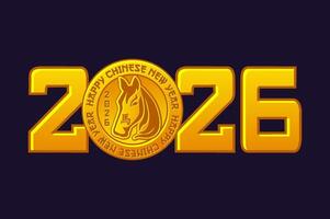 Golden 2026 typography with talisman or coin of horse. Happy Chinese New Year. Design element for your print, greeting card, invitation, sticker or more... vector
